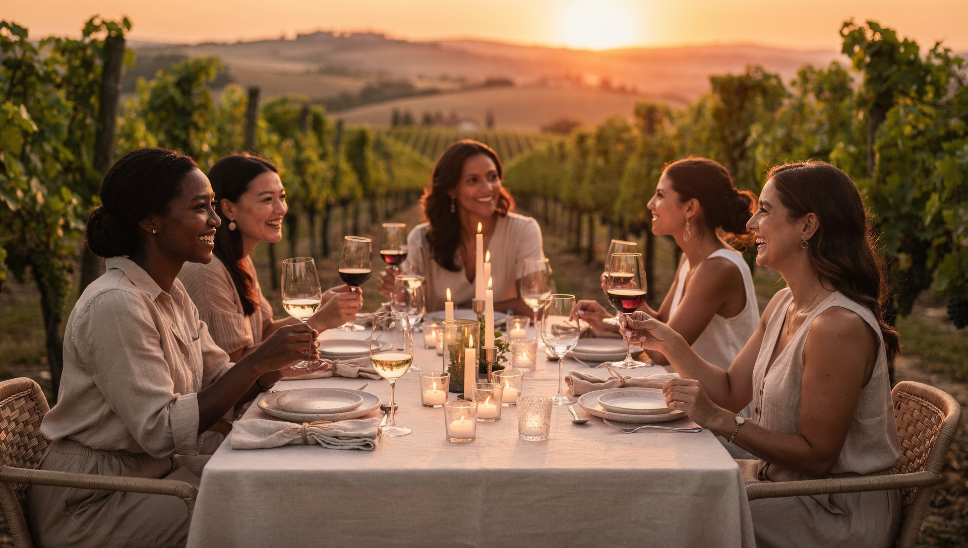 A small group of women talking over a long-shared meal at an outdoor table in golden evening light