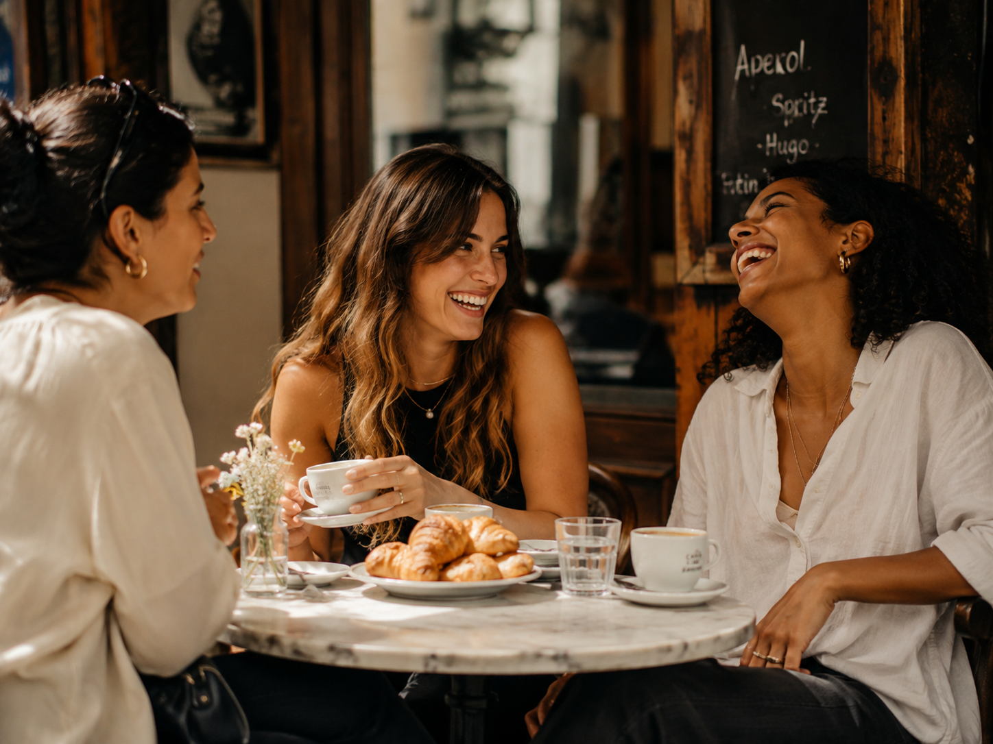 A small group of women sitting together at a long outdoor table on a sunlit terrace, talking over a shared meal.