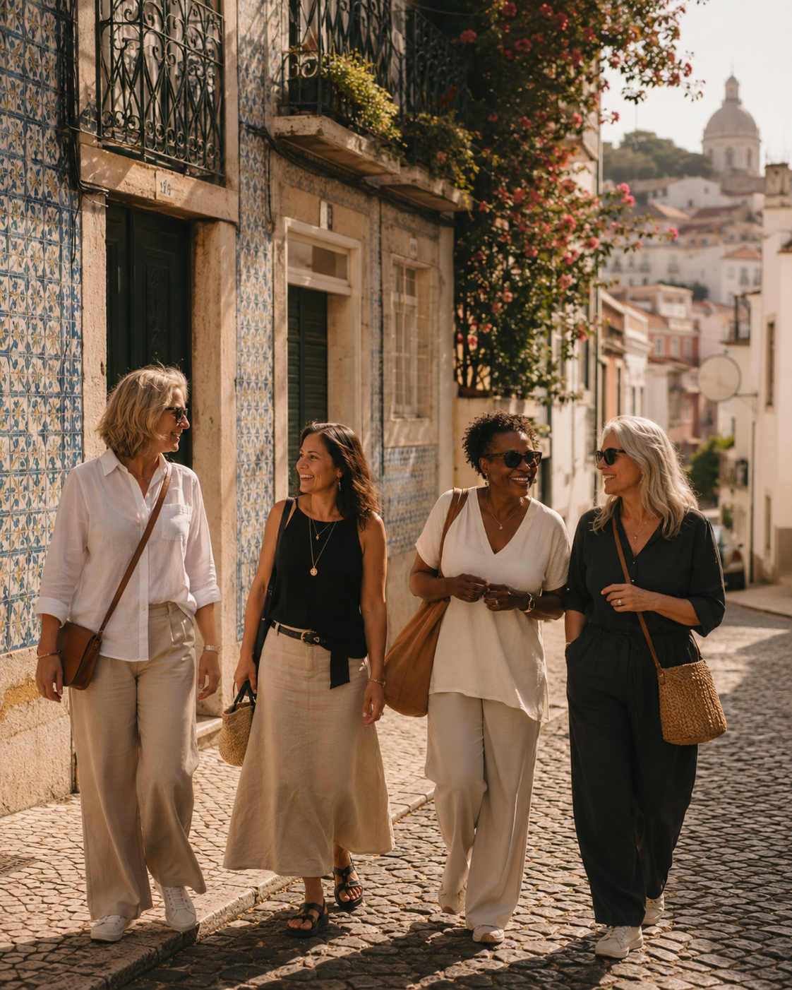 Small group of women traveling together through a tiled neighborhood in Lison, Portugal