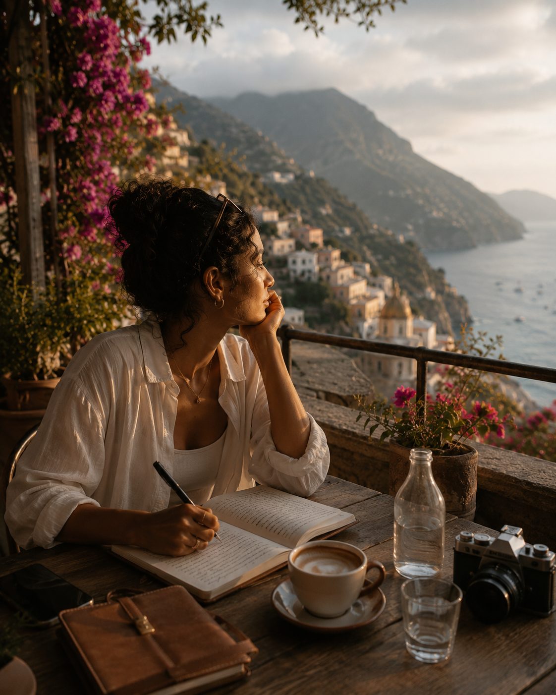 Woman journaling with coffee by a sunlit window during a mid-year travel reflection