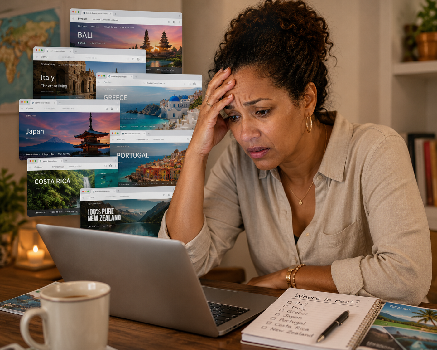 Woman looking overwhelmed at her laptop while researching travel plans with too many options