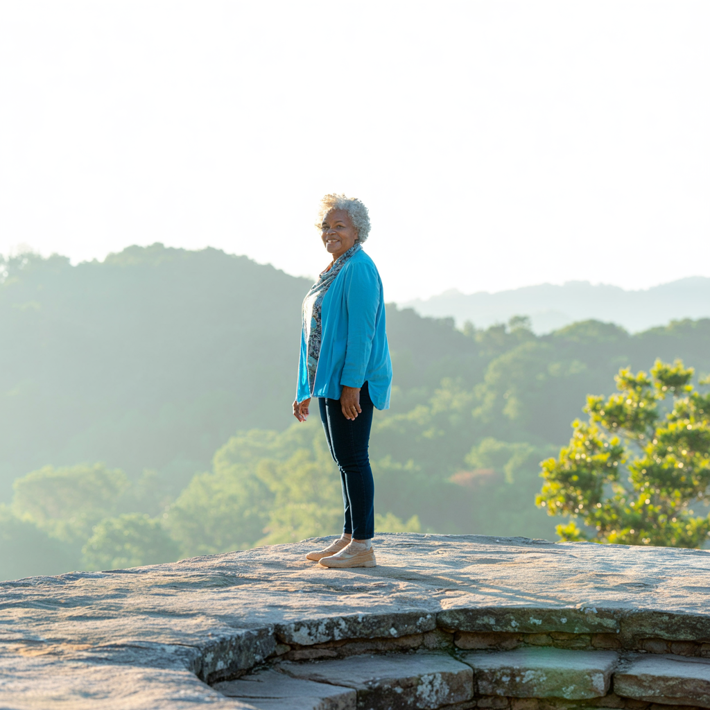 Woman overlooking scenic destination reflecting during meaningful travel moment