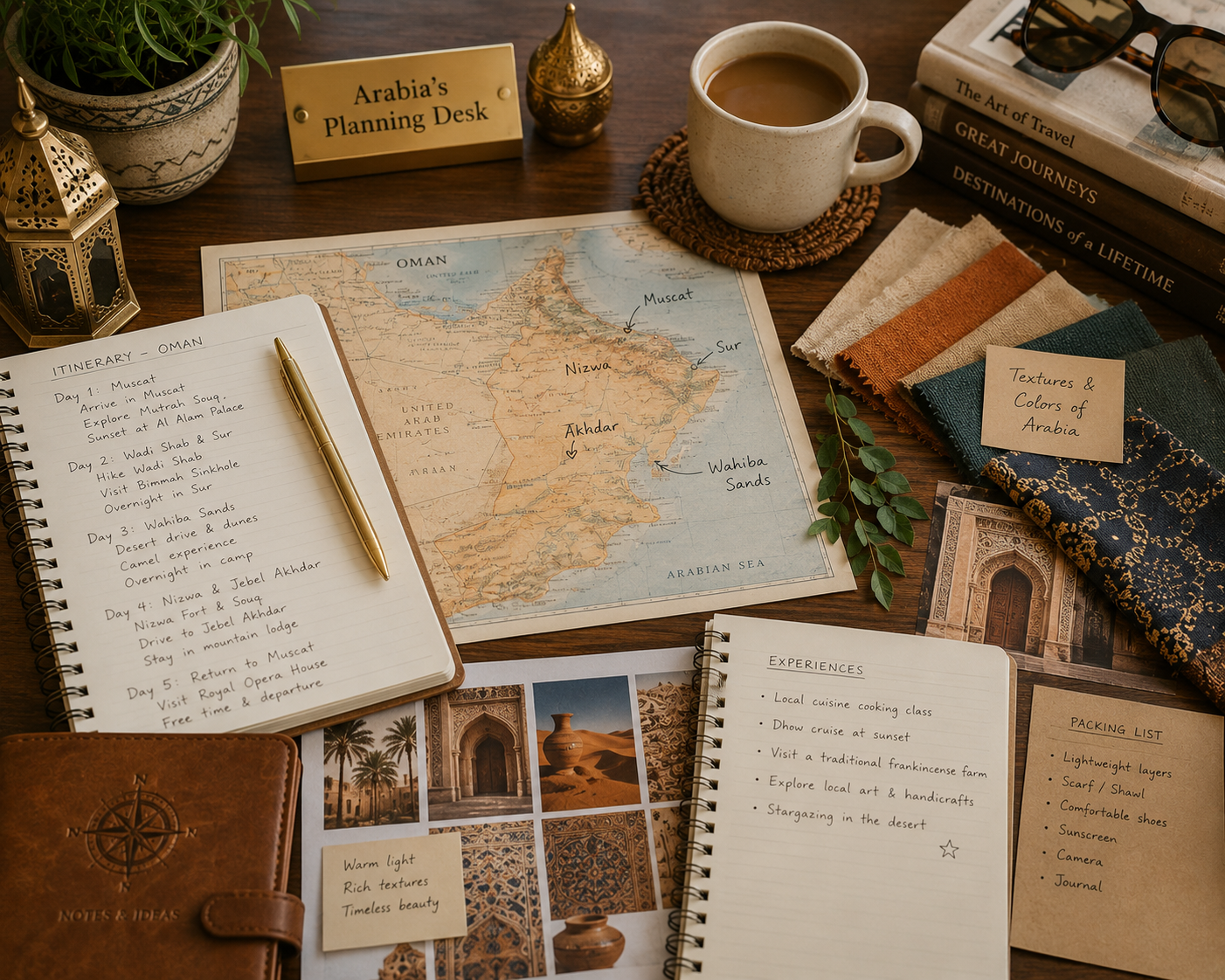 a snapshot of the travel curator's desk with a map, coffee, journal, planner, and travel notes