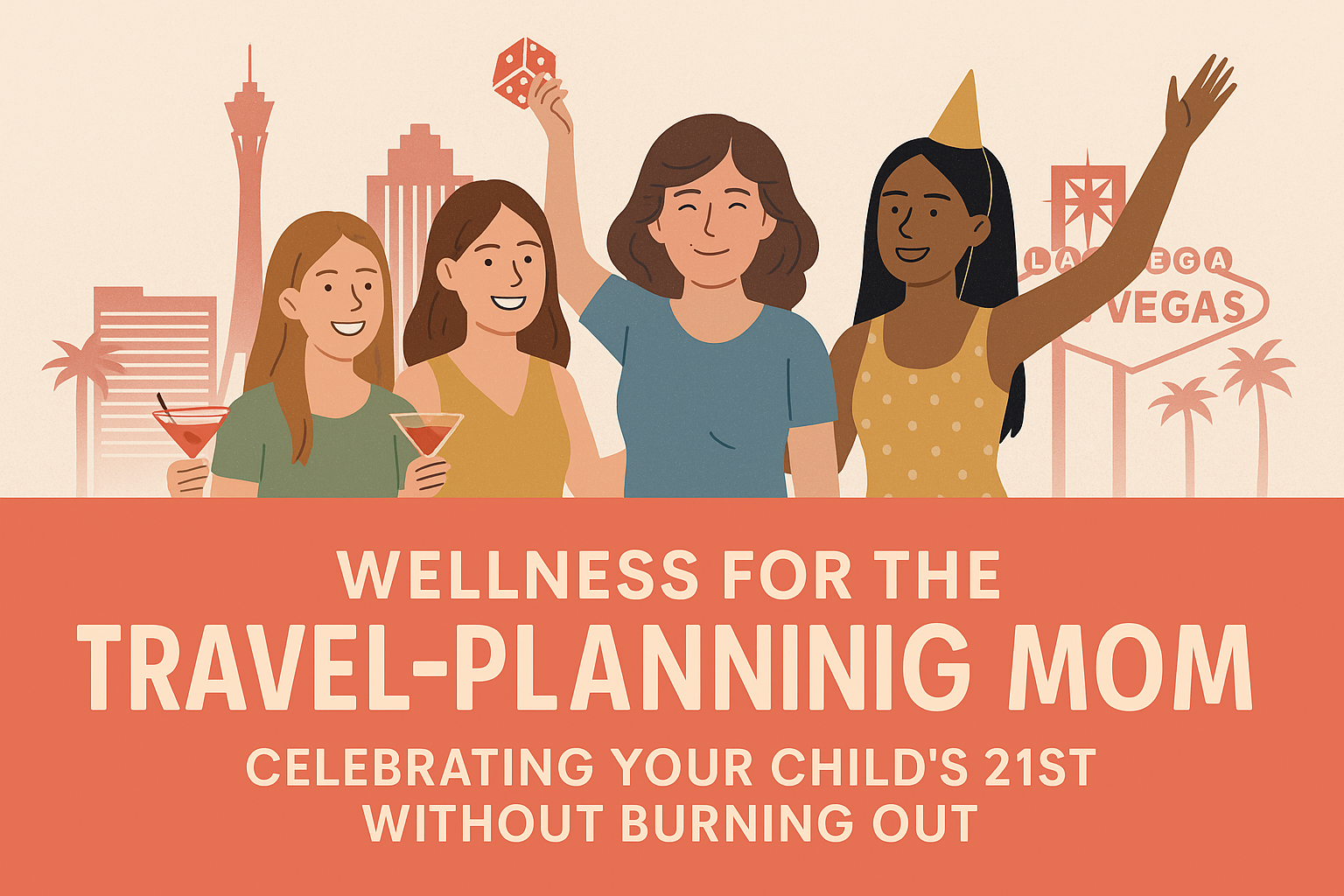 Illustration of four diverse women celebrating in Las Vegas with cocktails, party hats, and city skyline in the background. Text reads: “Wellness for the Travel-Planning Mom: Celebrating Your Child’s 21st Without Burning Out.