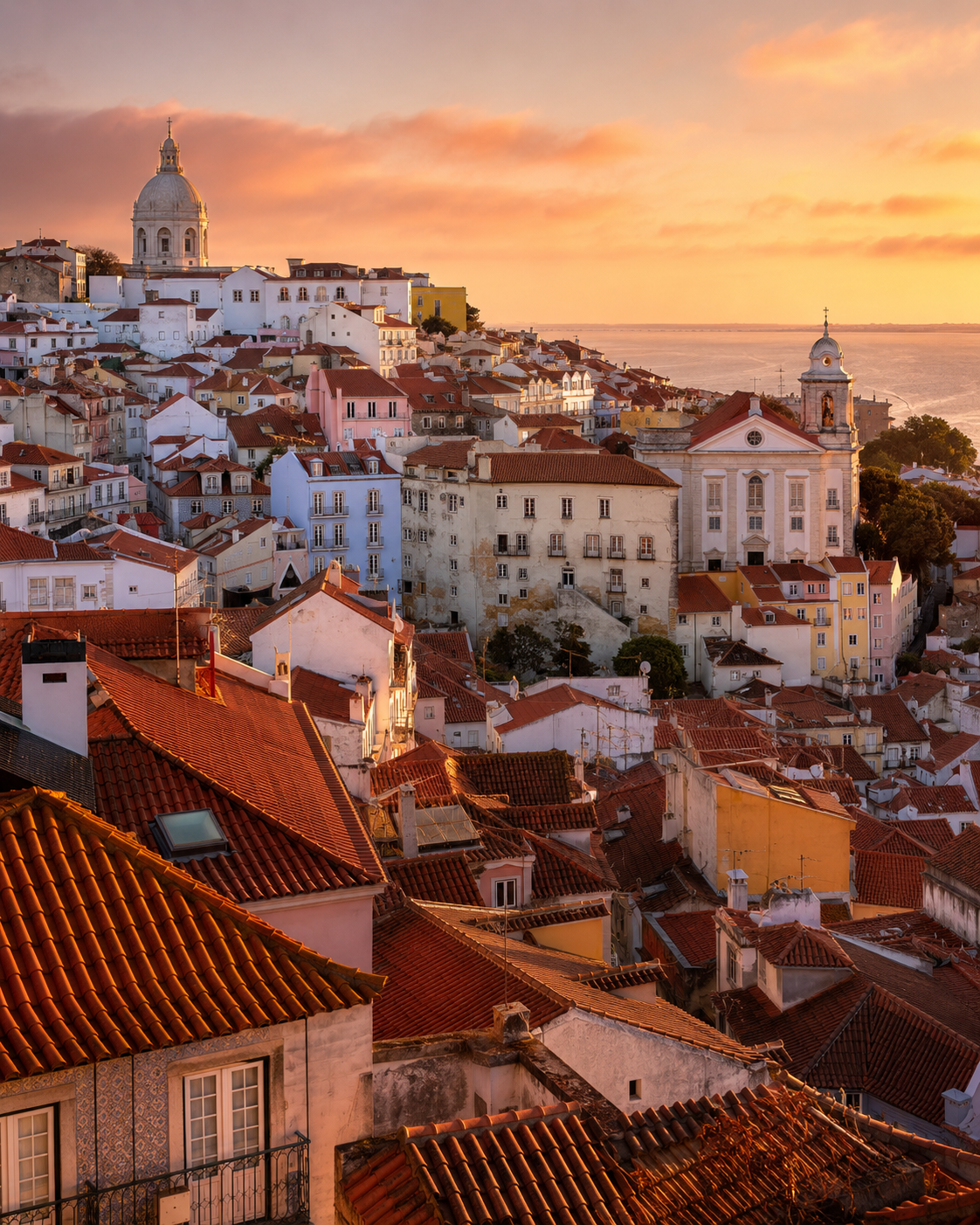 The terracotta rooftops of Alfama at sunset, Lisbon's oldest neighborhood, with whitewashed buildings and traditional tiled facades cascading down the hillside toward the Tagus River