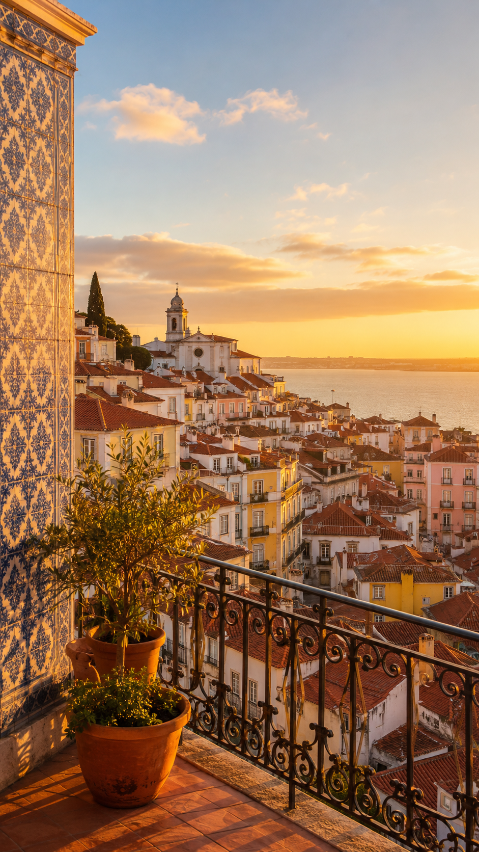 Golden hour view over the terracotta rooftops of Alfama, the oldest neighborhood in Lisbon, Portugal, with the Tagus River glowing in the distance