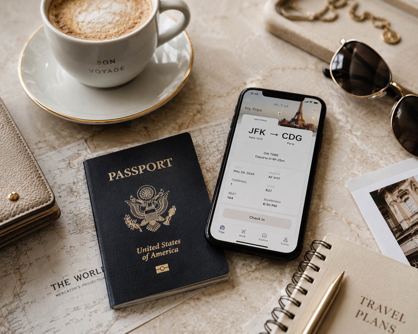 Custom travel itinerary planning workspace with maps, laptop, passport, and travel notes