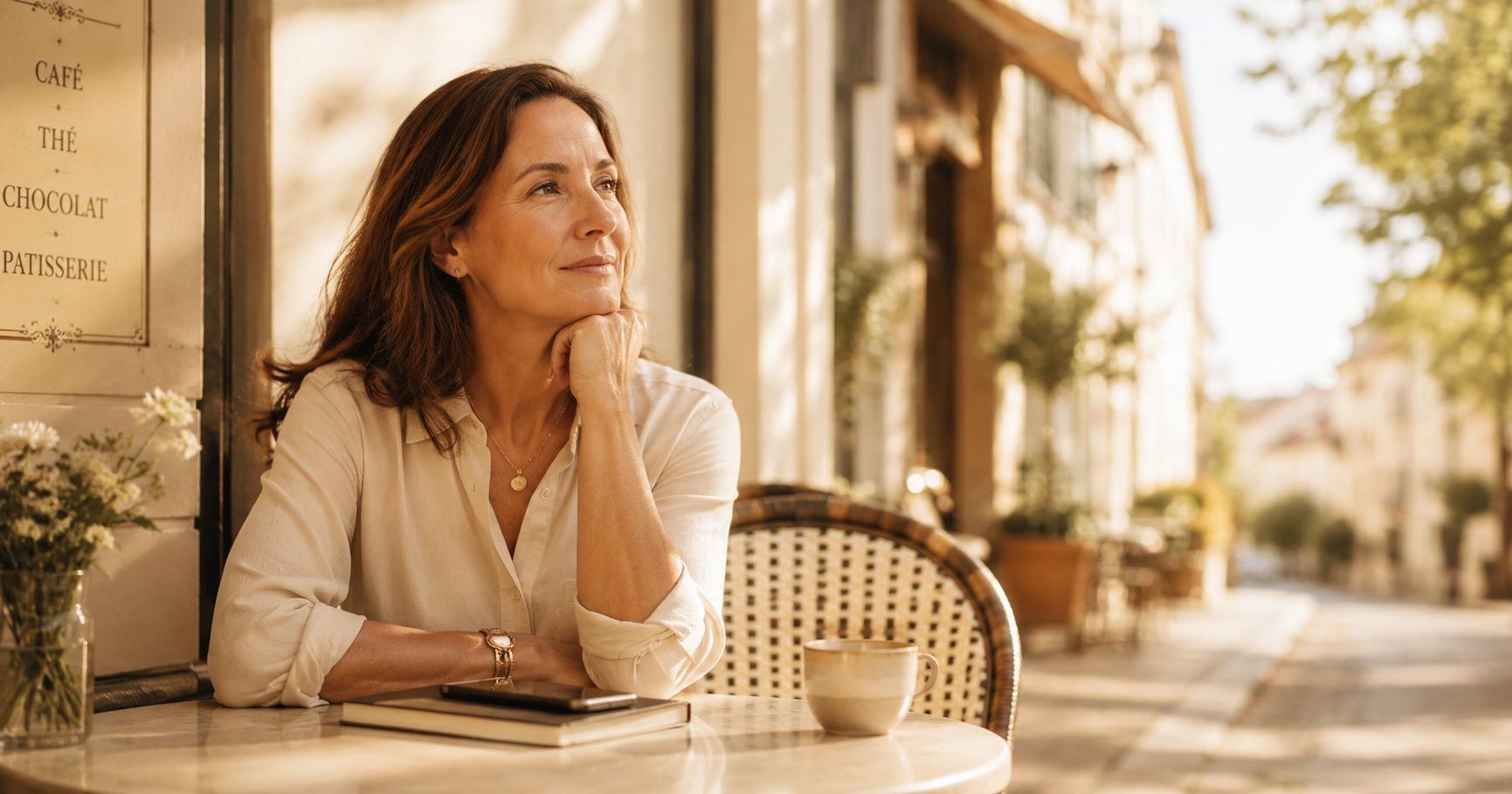 A woman sitting alone at a sunlit cafe table, thinking through whether to book a group trip 