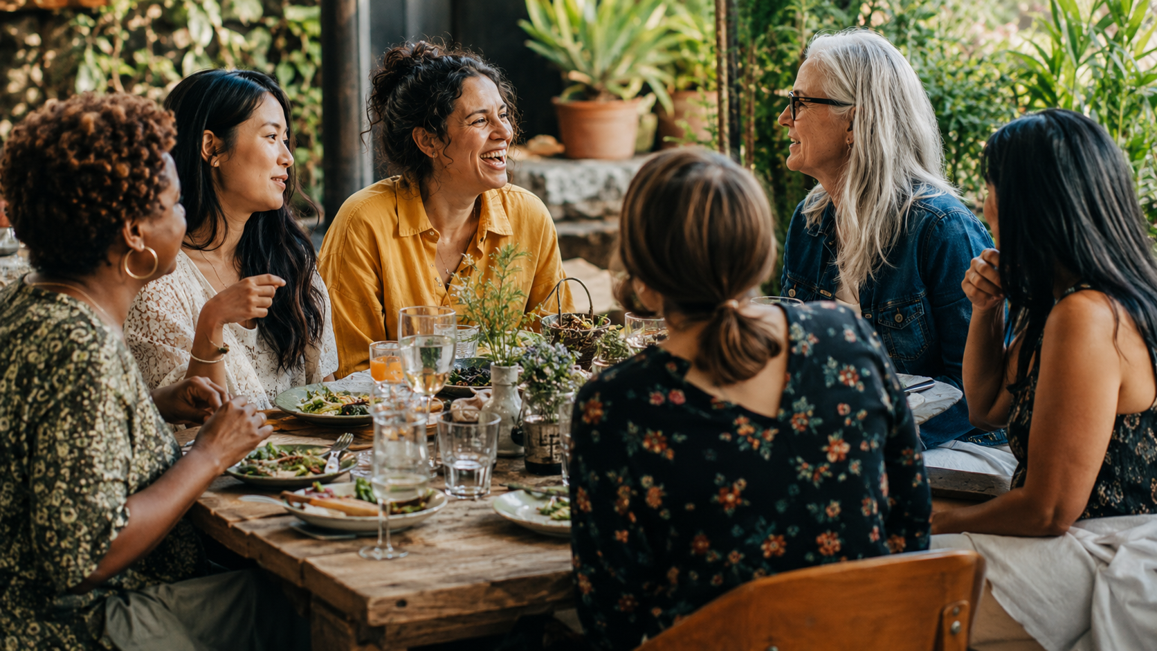 A small group of women seated together at one outdoor table during a curated group trip, talking over a shared meal in warm afternoon light.