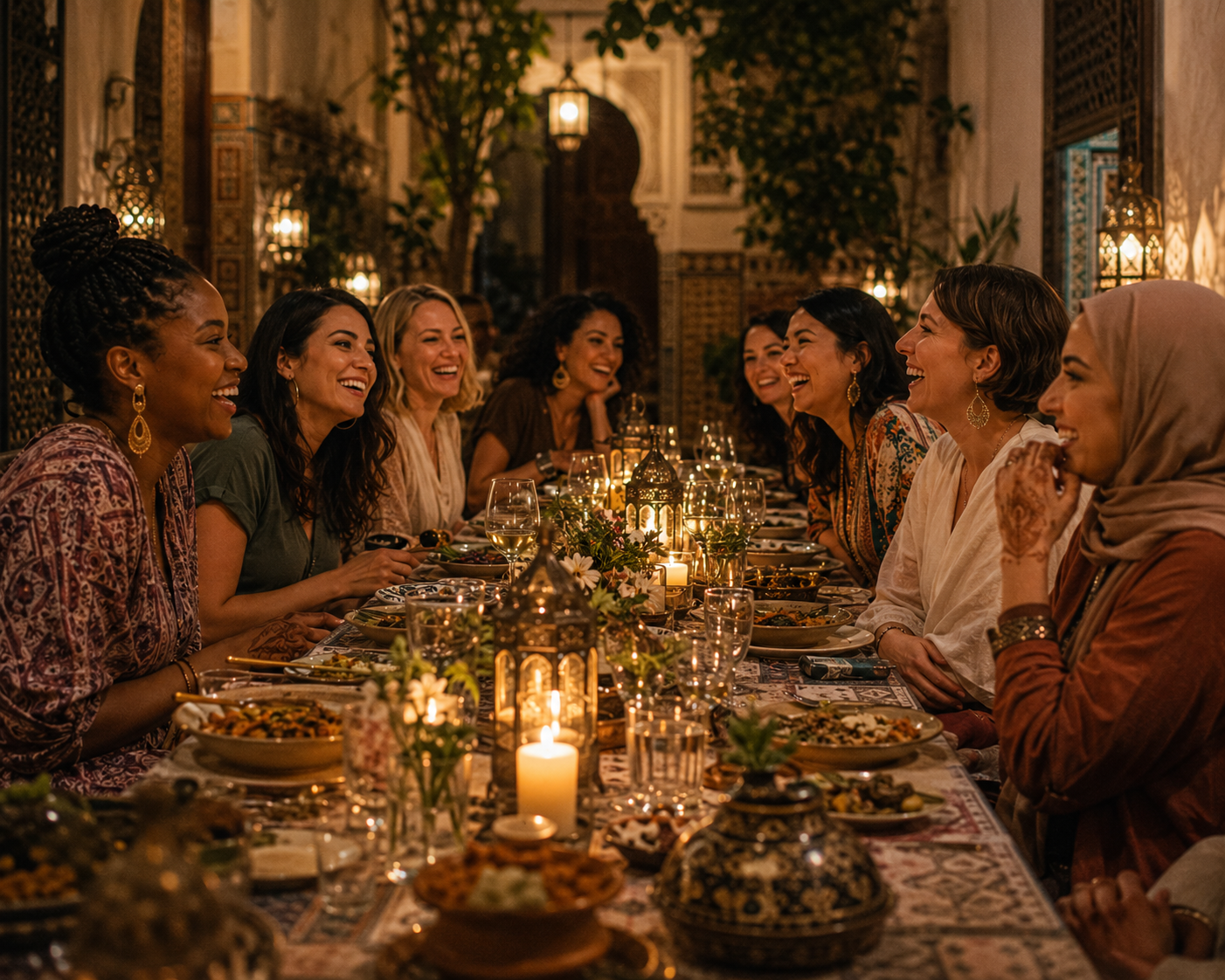 A group of women sitting at dinner on a cultural immersive trip enjoying each other's stories