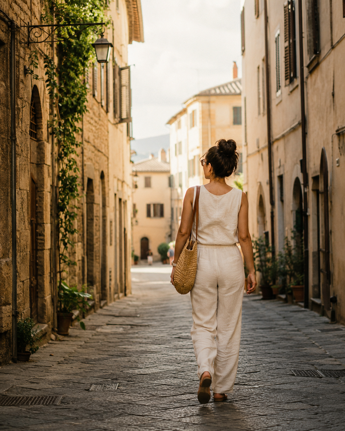 A woman walking alone down a sunlit cobblestone street, considering solo travel versus group travel